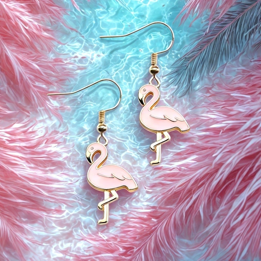 New Flamingo Earrings Pink Gold Dangle Tropical Summer Cute Kitsch Beach Jewelry